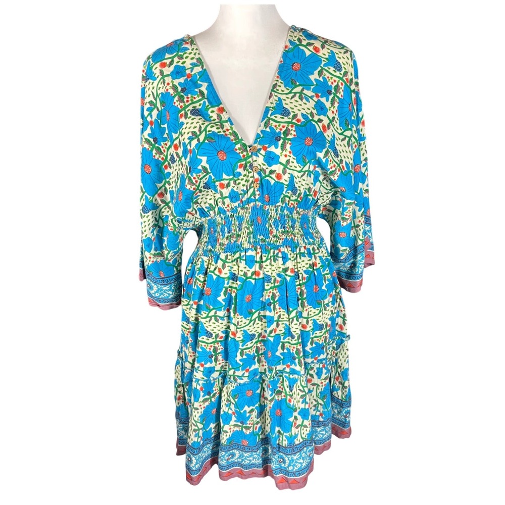Natural Life Mini Dress Womens L Blue Floral Smocked Waist V-Neck Boho Rayon